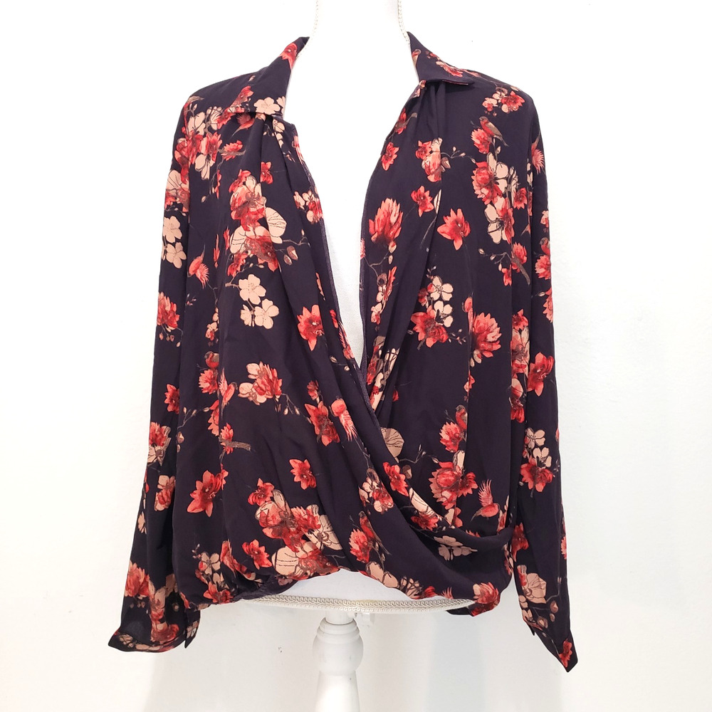 West K SIZE S Deep Purple Floral Josie Surplice Long Sleeve Romantic Blouse Top